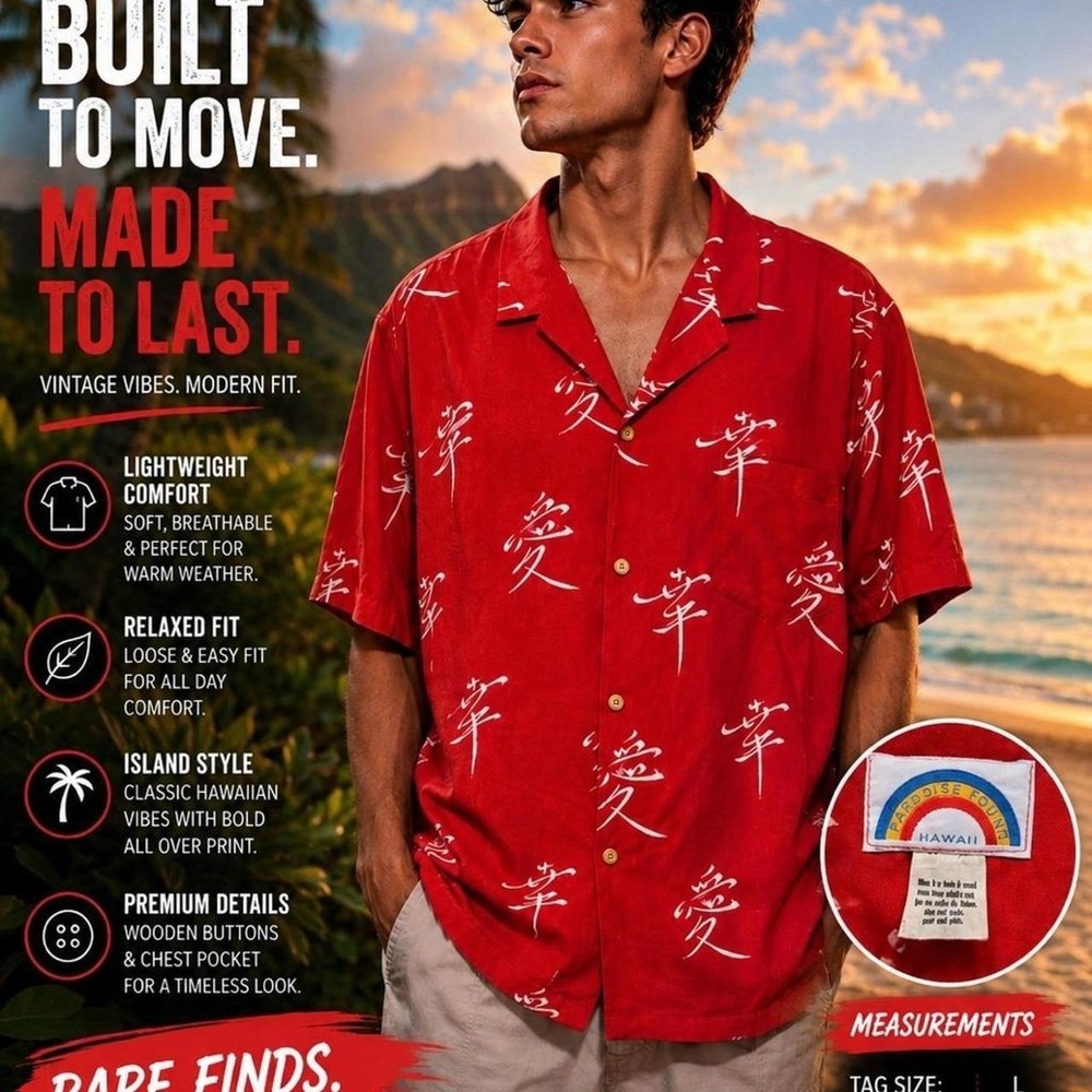 Paradise Found Hawaii Red Aloha Shirt Men's Tropical Button Up Rayon Camp Shirt